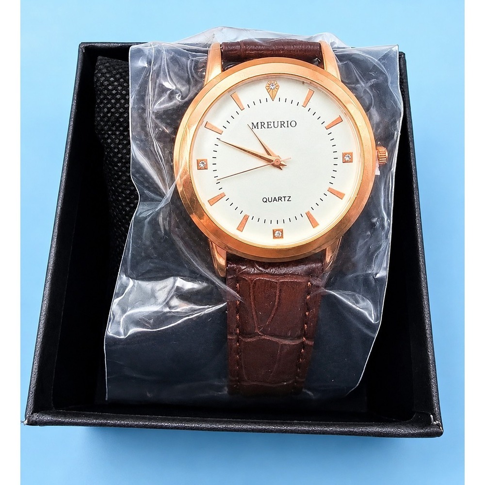 MREURIO Rose Gold Quartz Watch Brown Faux Leather Strap New in Box NWT -3418